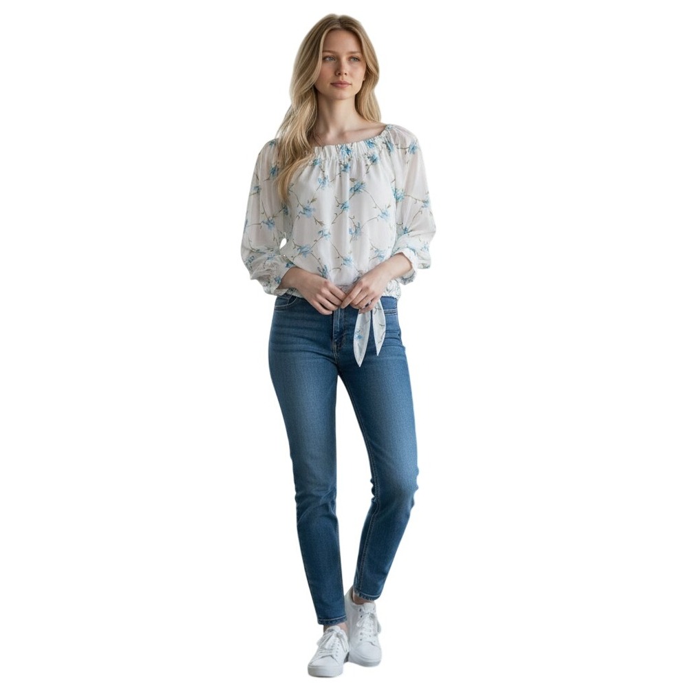 Vince Camuto XL Floral Off The Shoulder Blouse Ivory Blue Side Tie Chiffon Top